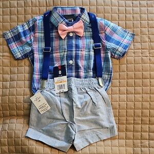 Izod Kids Plaid Shirt and Shorts Set with Pink Bow Tie and Suspenders. Nwt. 12m.
